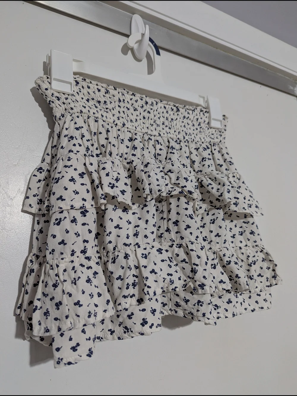 Tiered Ruffle Mini Skort in White with Navy Floral Print